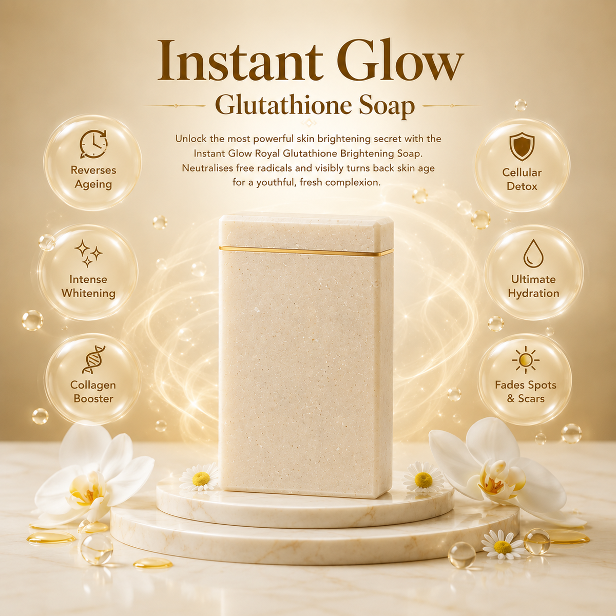 Instant Glow Royal Glutathione Brightening Soap – Luxury Skin Brightening & Anti-Ageing Soap for Radiant, Even-Toned & Youthful Looking Skin | Premium Antioxidant Formula