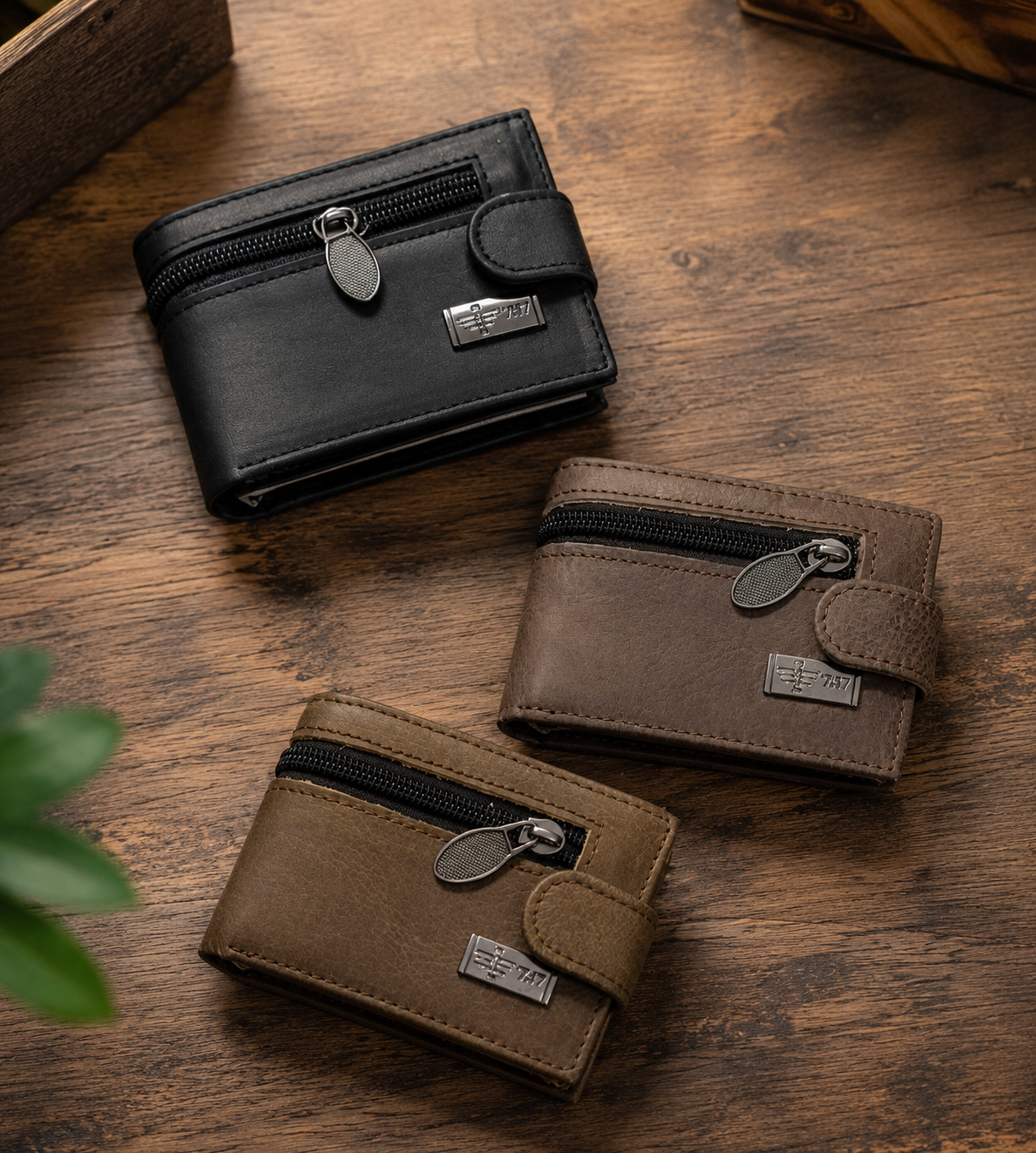 Premium Men’s Mini Leather Wallet With Zipper & Button - Black
