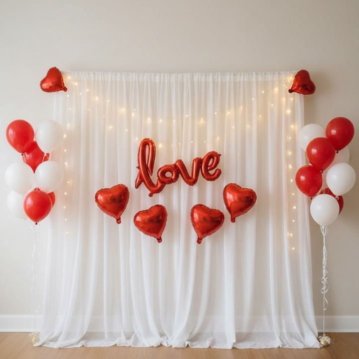 32 Pcs Romantic Tent Decoration Set With Red & White Balloons, Foil Heart, LED Lights & White Curtain Backdrop For Bedroom