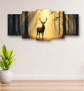 5 Piece Wooden Wall Frame Deer In Forest Sunset Design 16X40 Inch With Sticky Tiles