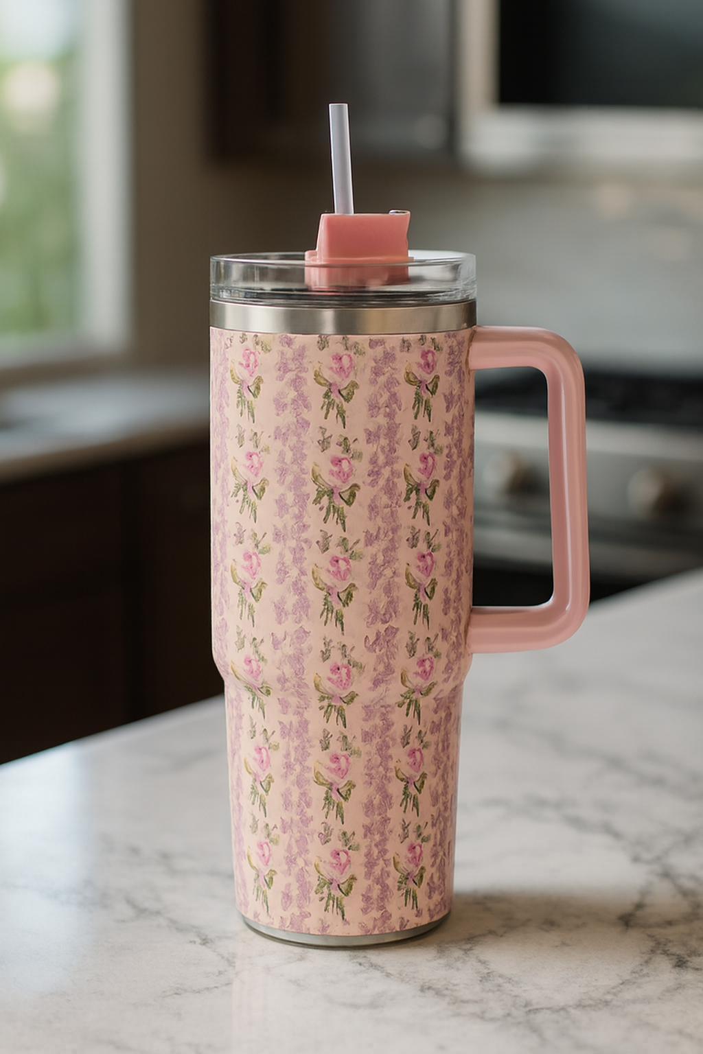 Floral Insulated Travel Tumbler 40oz – Double-Wall Vacuum Flask with Ergonomic Handle & Leak-Resistant Lid (Random Colour)