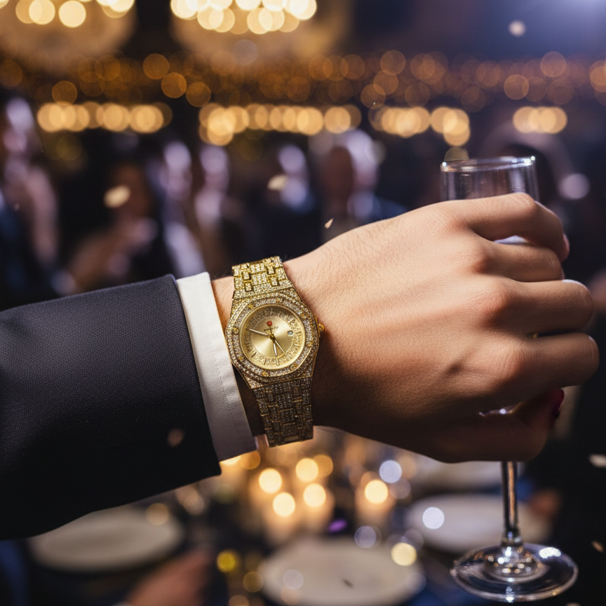 Luxury Gold Diamond-Studded Wrist Watch – Premium Designer Style Quartz Watch for Men & Women (Without Box)