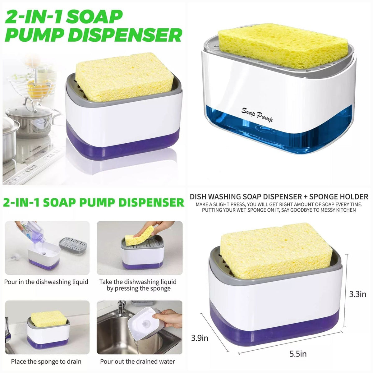 New Soap Pump Dispenser with Sponge | 2-in-1 Kitchen Dishwashing Liquid Dispenser & Sponge Holder for Easy Cleaning