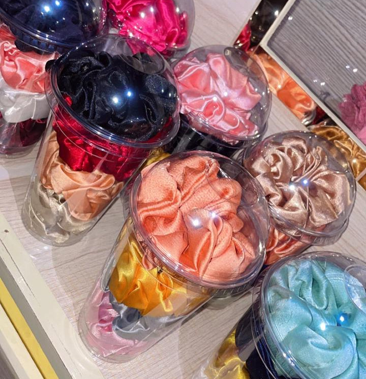 4Pc Colorful Satin Scrunchie Set In Clear Dome Lid Cups With Girly Goodies Label (Random Colour)