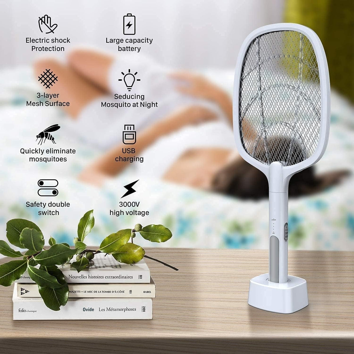 2 In 1 Electric Mosquito Killer UV Light LED Lamp Rechargeable Mosquito Trap Racket Anti Insect Bug Zapper
