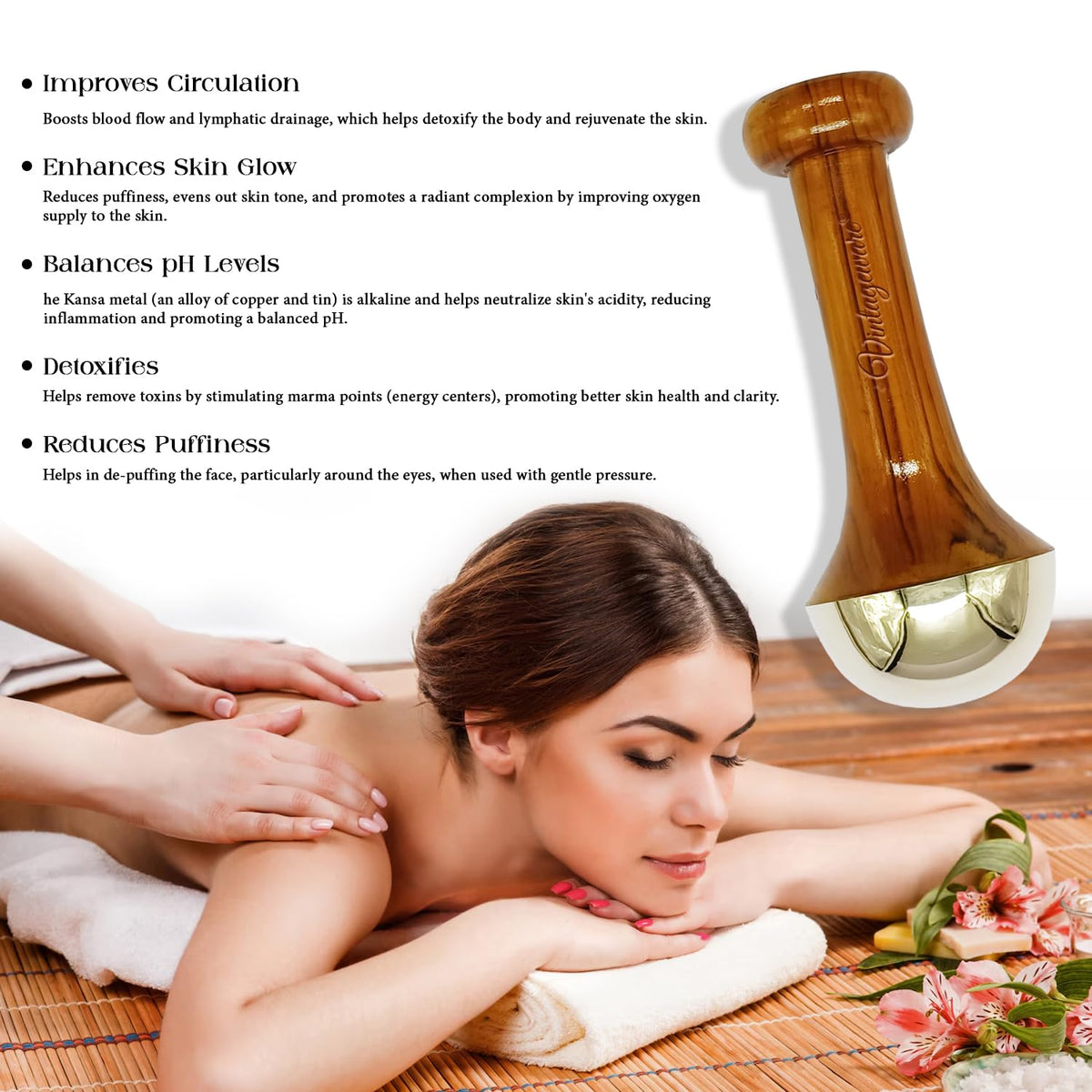 Kansa Wand Face and Foot Massager – Ayurvedic Bronze Massage Tool with Wooden Handle
