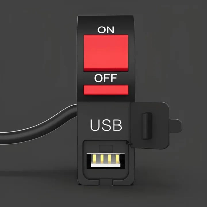 Universal Motorcycle Handlebar Switch with USB Port 5V 2A – ON/OFF Button & Extra Lights Control Switch for Bikes