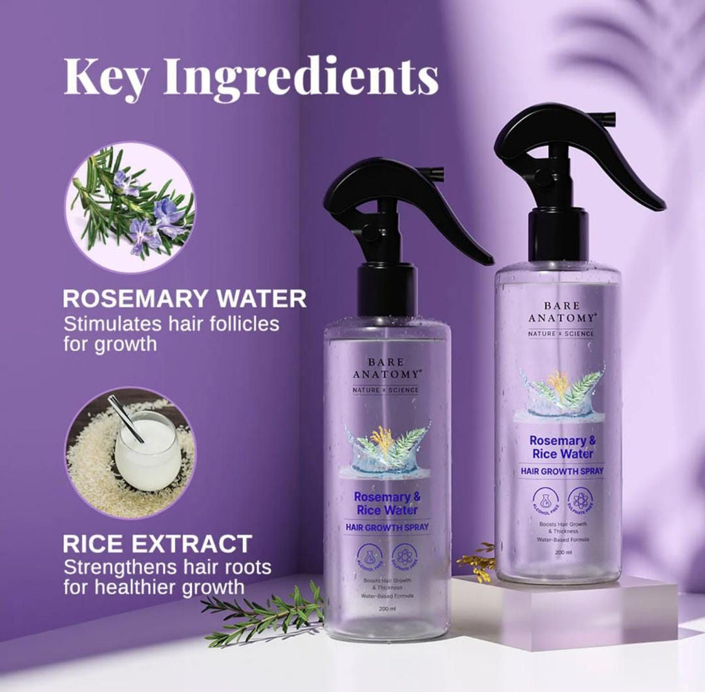 Bare Anatomy Rosemary & Rice Water Hair Growth Spray – 200ml | Strengthen & Thicken Hair | Made In India