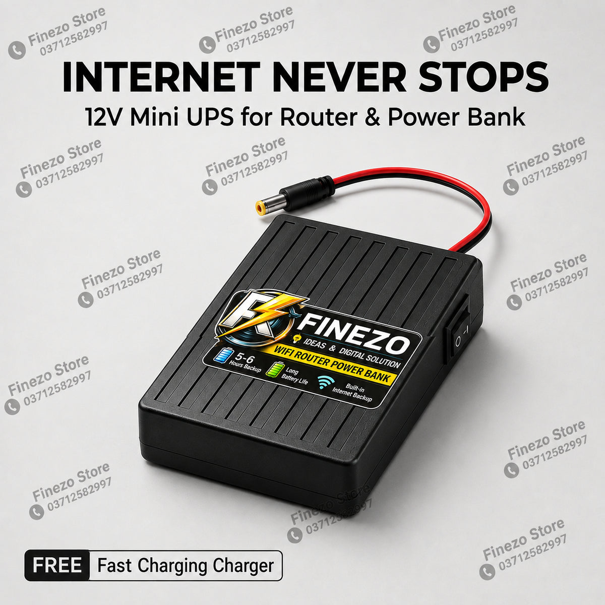 Finezo 12V WiFi Router Power Bank 12000mAh – Mini UPS with 5-6 Hours Backup
