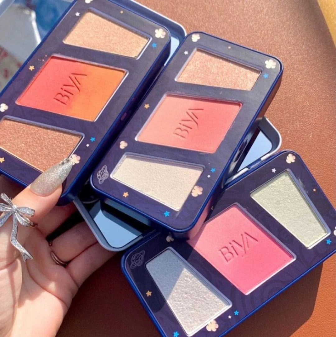 3 In 1 Colors Facial Blush Gradual Powder Blusher Shimmer Highlighter Three Dimensional Brightening Powder Blusher Palette Biya Korean Highlighter Blush Palette