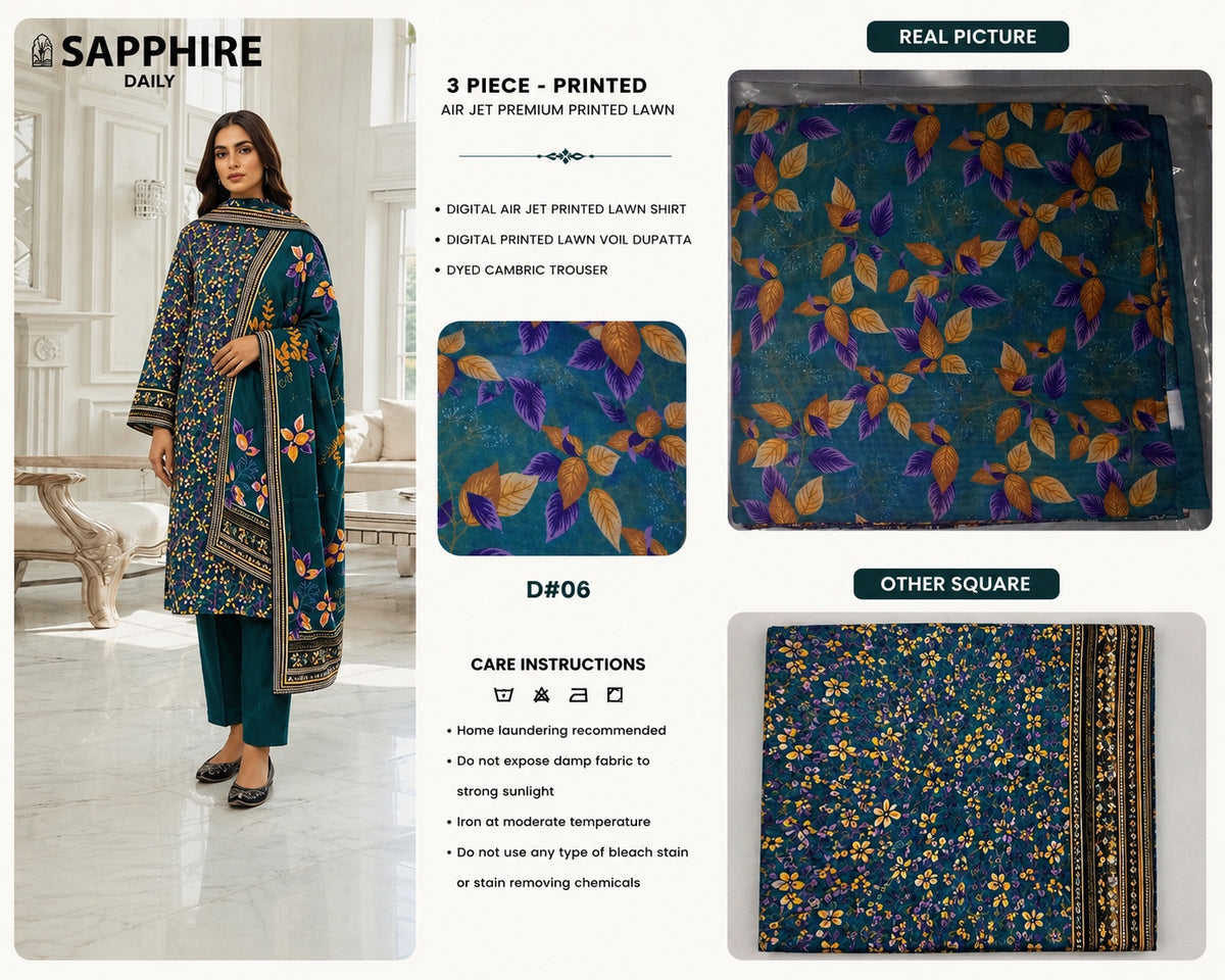 SAPPHIRE - 3 Pcs Printed Lawn Suit - Apparel Accessory Designed For Fashion Styling And Daily Wardrobe Routine