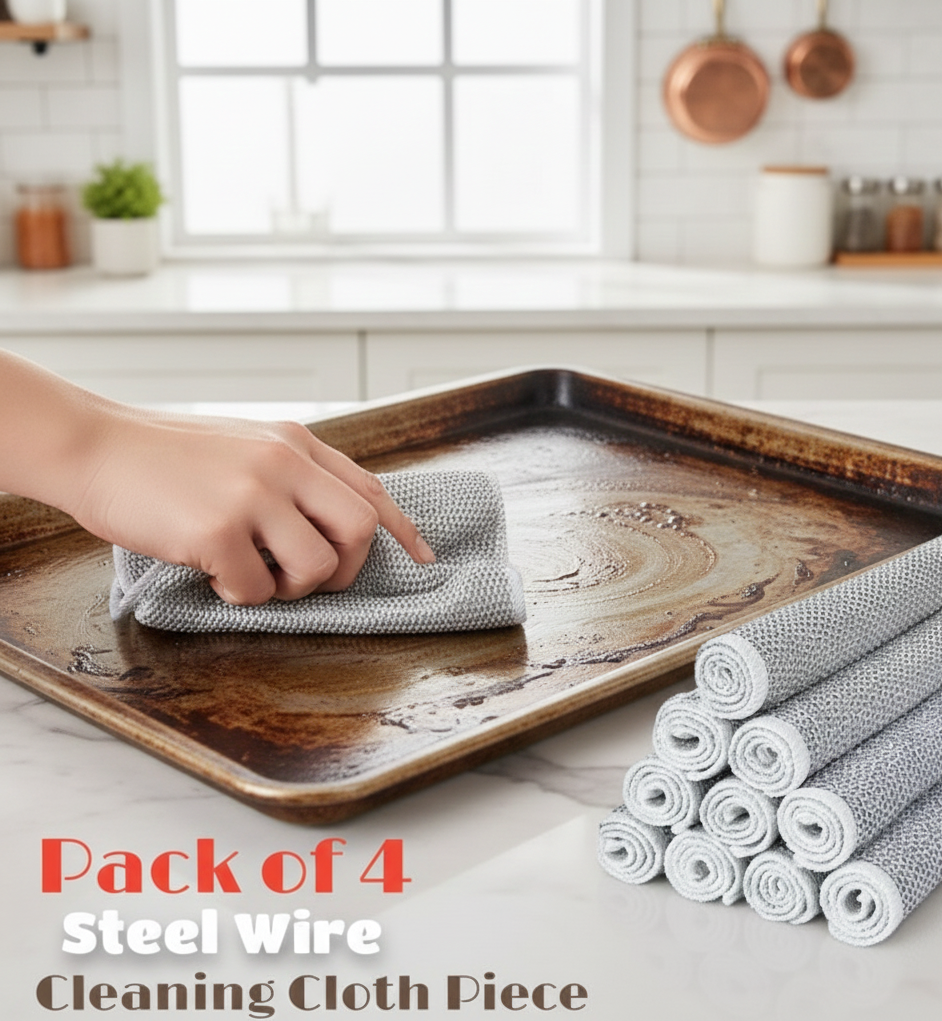 Pack of 4 Kitchen Steel Mesh Wire DishWasher Cleaning Cloth – Durable Dishwashing Scrubber Pads for Utensils, Pots, Pans & Daily Kitchen Cleaning