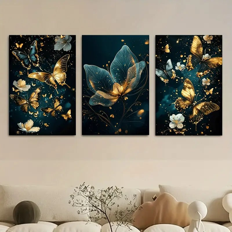 Butterfly Floral Wall Art 3 Piece 8X11 Wooden Sticky Tile Panels With Adhesive Tape For Easy Mounting