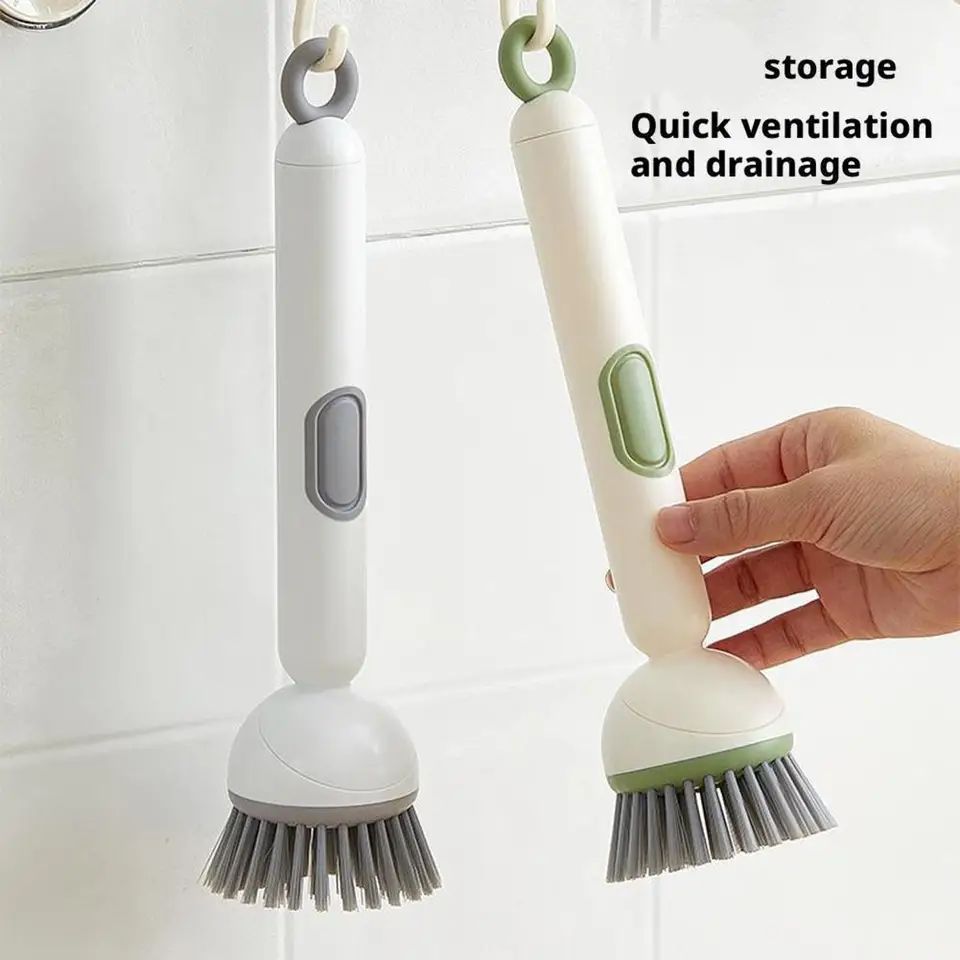 Kitchen Cleaning Adjustable Handle Brush With Soap Dispenser Refillable PET Portable Head For Dishes Pans Pots (Random Colour)