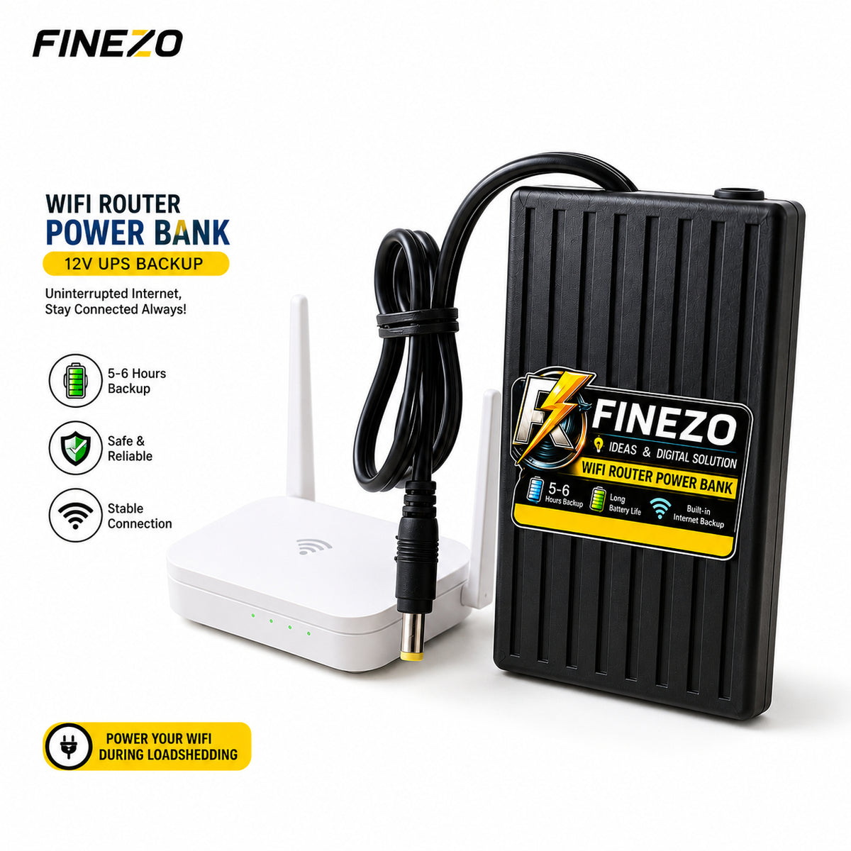Finezo WiFi Router Power Bank 12000mAh – Mini UPS with 5-6 Hours Backup - 9V