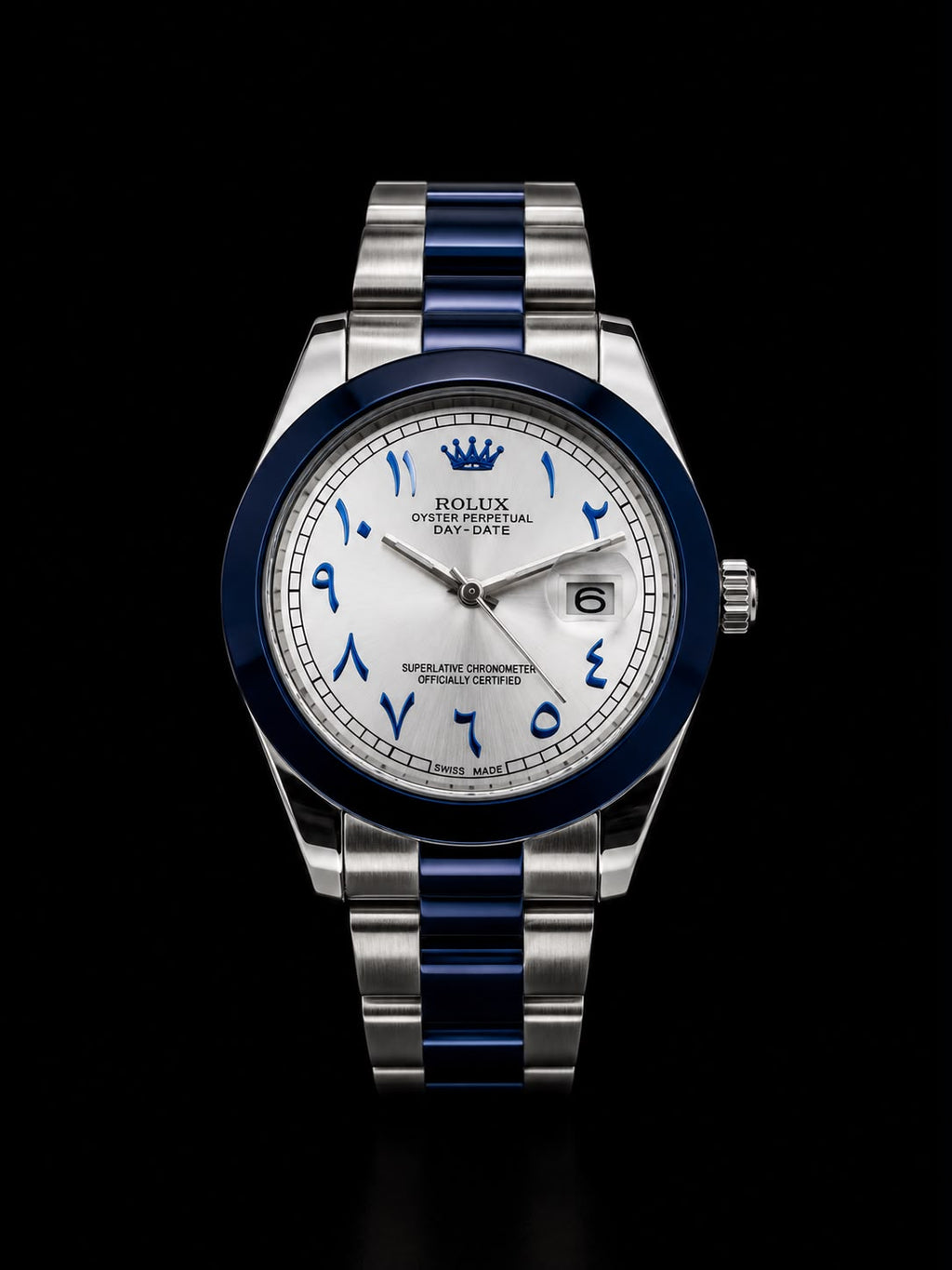 Premium Luxury Arabic Dial Watch | Elegant Stainless‑Steel Strap With Blue Accents & Date Display