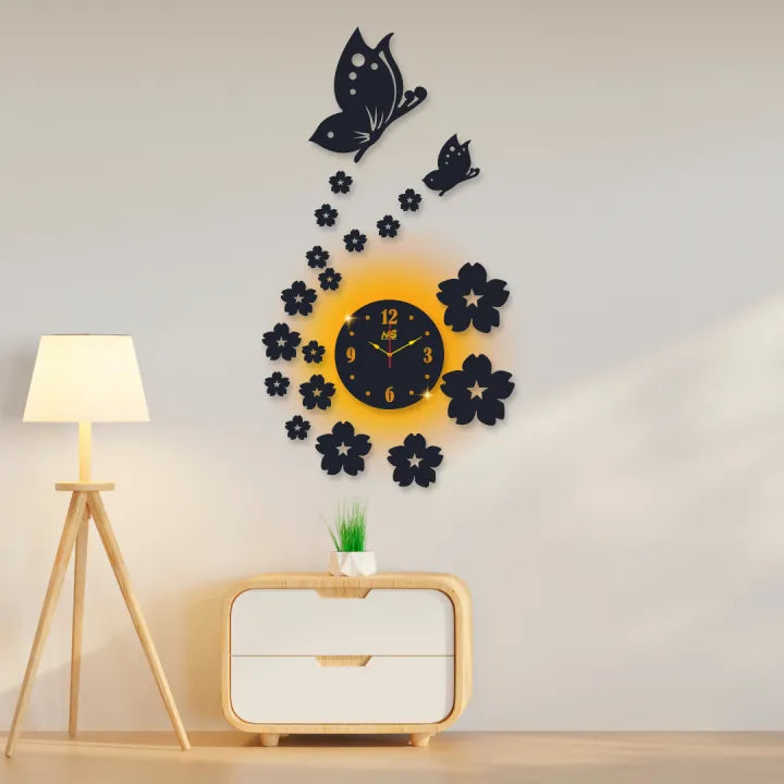 3D Wall Clock Wall Clock With Wooden Butterflies With Flowers