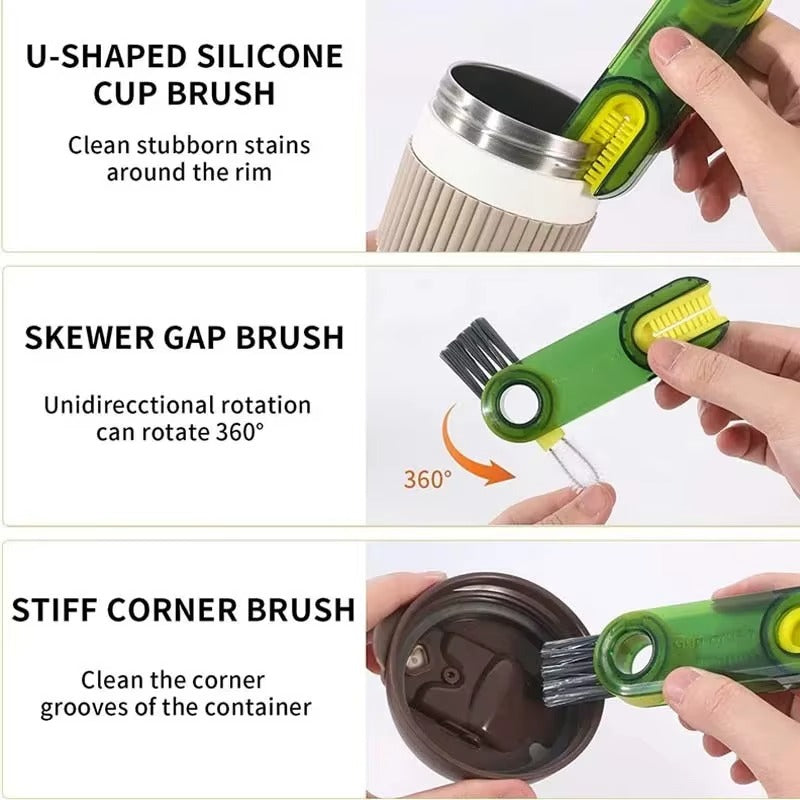 3-in-1 Silicone Cup Brush Set | U-Shaped Bottle Cleaner with Steel Balls & Straw Lid Scrubber | Multi-Functional Kitchen Cleaning Tool (Random Color)