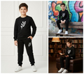Kids Printed Stylish Black & Black Tracksuit Set | Winter Fleece Sweatshirt & Trouser Outfit for Boys & Girls – Warm & Trendy small