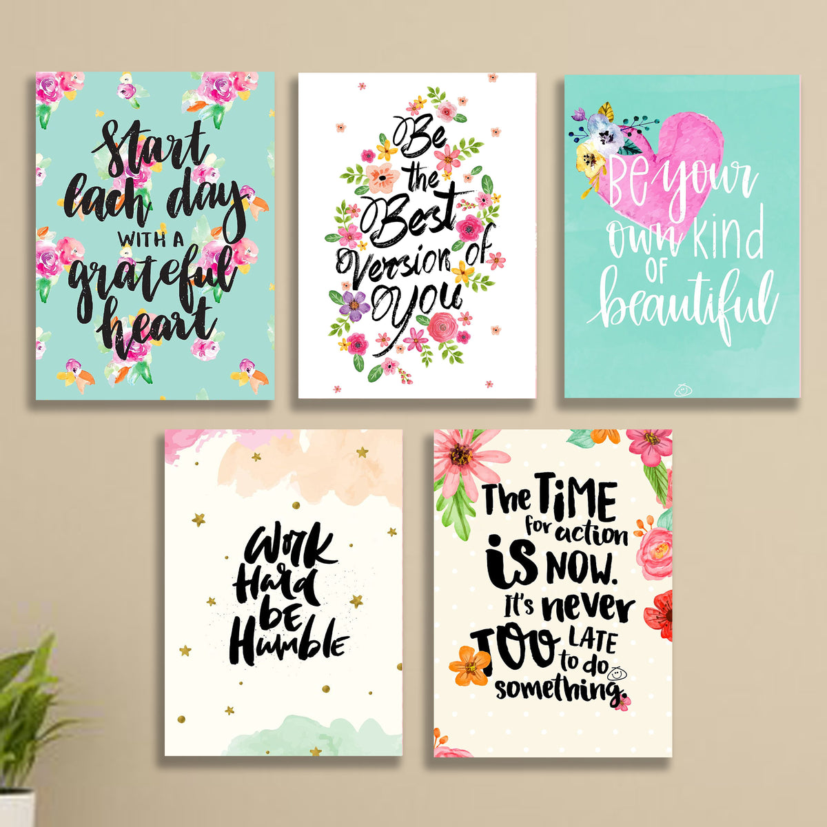 Set of 5 Girls Room Motivational wall art wooden sticky Phototile frames