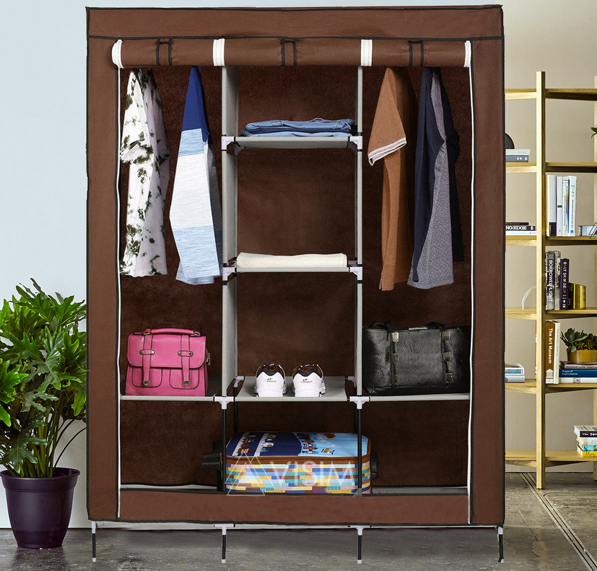 Portable Storage Cabinet 3 Door Large Size 5 By 4 Ft Aluminum Rods And Fabrics Wardrobe Stand