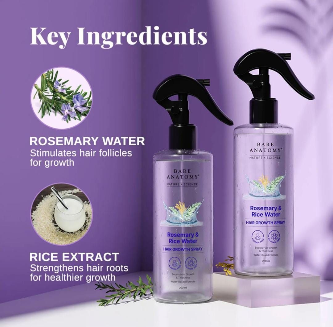 Bare Anatomy Rosemary And Rice Water Hair Growth Spray Boosts Thickness Controls Hair Fall 200Ml