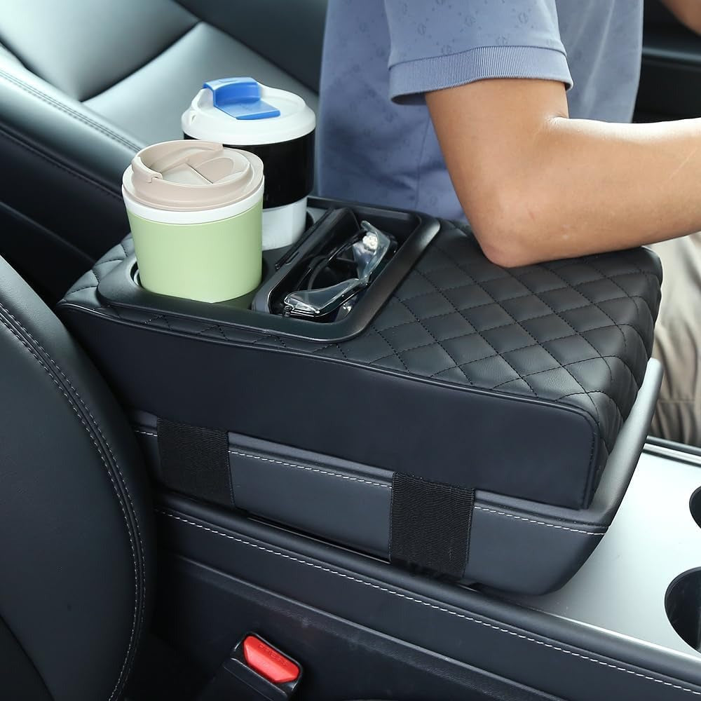 Car Armrest Cushion with Cup Holder & Storage Box – PU Leather Center Console Organizer Cover | Universal Fit