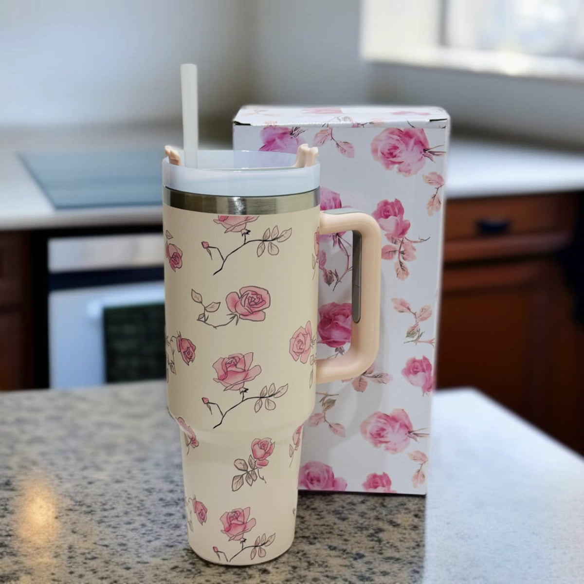 Floral Insulated Travel Tumbler with Ergonomic Handle and Leak-Resistant Lid – 40oz Double-Wall Vacuum Flask ( Random Color )