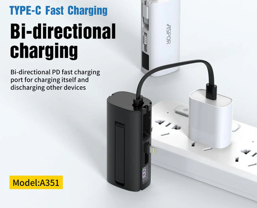 Aspor A351 2In1 Iphone Amp Type C Flexible Portable Mini 5000Mah Power Bank