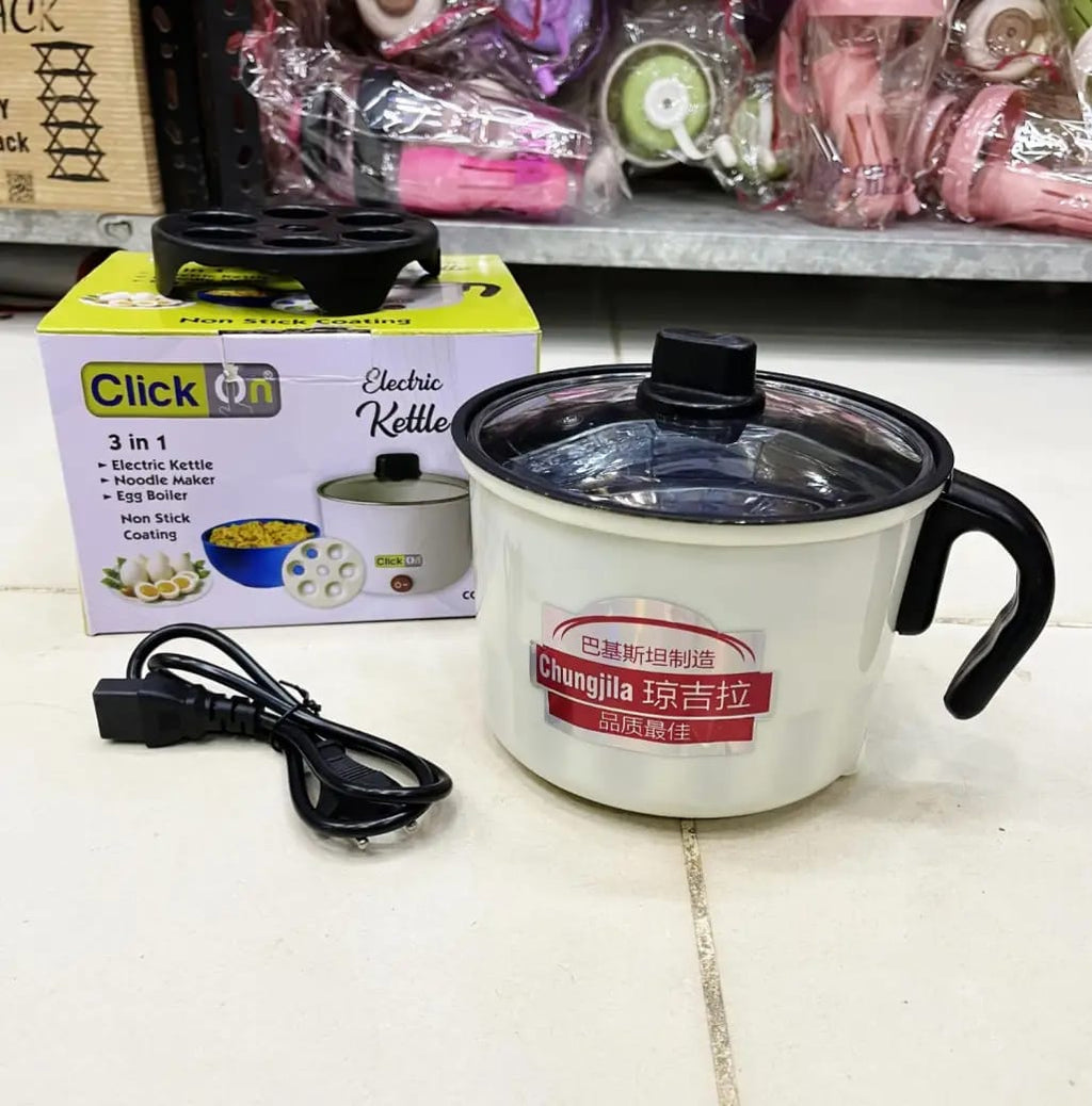 Click On 3-in-1 Multi-Functional Electric Kettle – Noodle Maker, Egg Boiler & Hot Pot with Non-Stick Coating