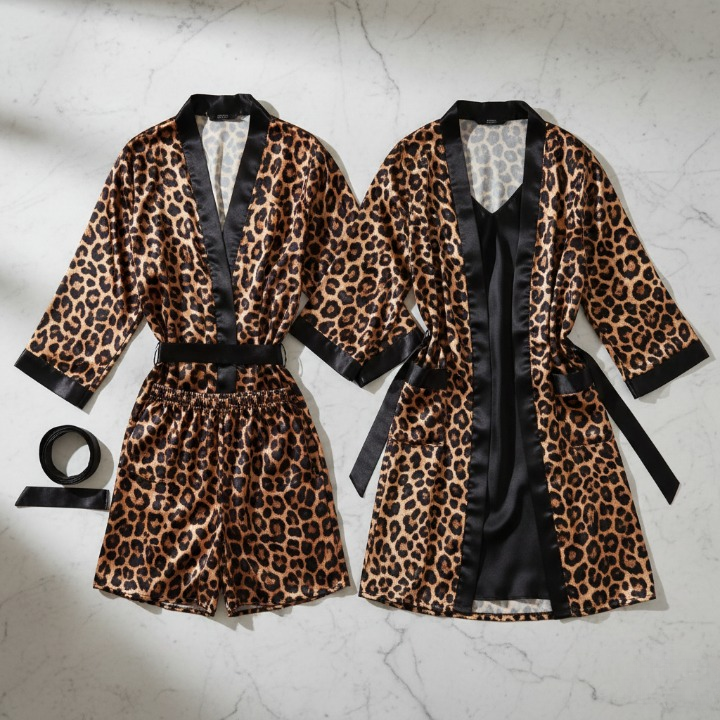 Couple Leopard Print & Black Satin Sleepwear Set – 4 Pcs Robe & Nightdress Set (DC-1021)