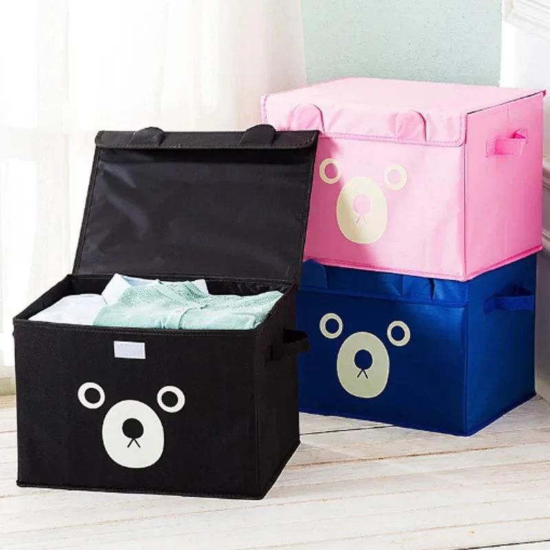 Cute Bear Folding Storage Box with Lid – Collapsible Fabric Clothes & Toy Organizer - Random Color