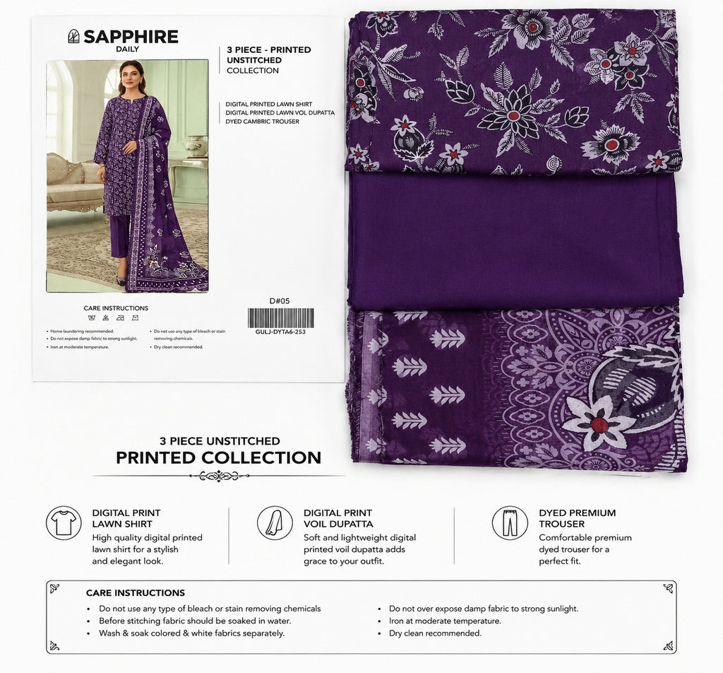 SAPPHIRE - 3 Pcs Printed Lawn Suit Unstitched - Apparel Accessory Designed For Fashion Styling And Daily Wardrobe Routine