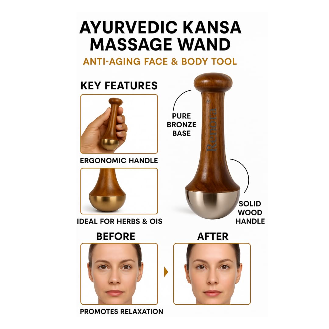 Kansa Wand Face and Foot Massager – Ayurvedic Bronze Massage Tool with Wooden Handle
