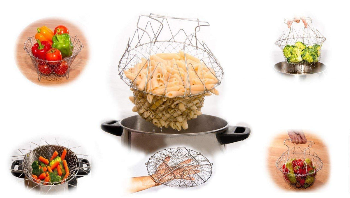 Stainless Steel Multi Functional Foldable Cooking Chef Basket Deluxe Kitchen Colander Mesh Steam Rinse Strain Fry Basket Deep Fryer