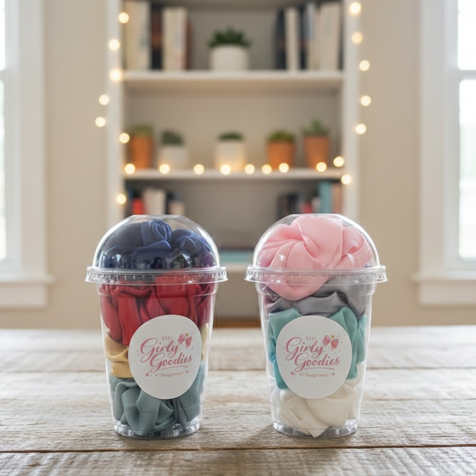 4Pc Colorful Satin Scrunchie Set In Clear Dome Lid Cups With Girly Goodies Label (Random Colour)