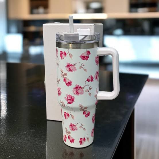 Floral Insulated Travel Tumbler with Ergonomic Handle and Leak-Resistant Lid – 40oz Double-Wall Vacuum Flask ( Random Color )