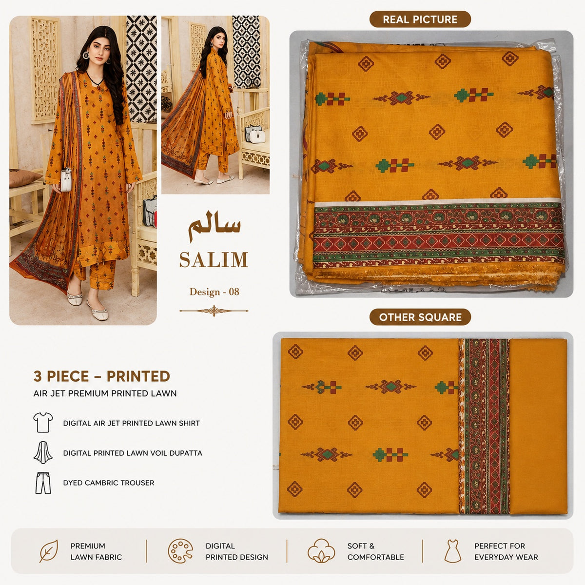 Unstitched Salim Design-08 3 Piece Printed Lawn Suit