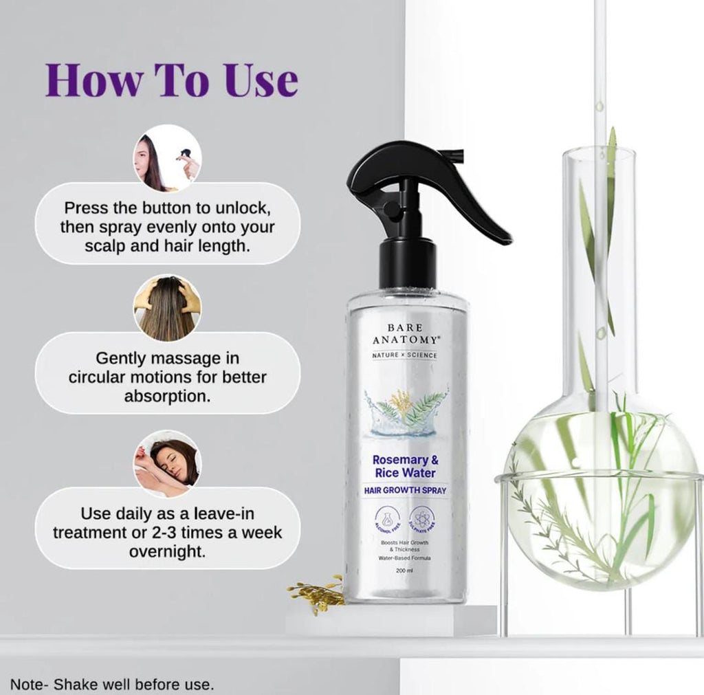 Bare Anatomy Rosemary & Rice Water Hair Growth Spray | Boosts Thickness | Controls Hair Fall | 200ml