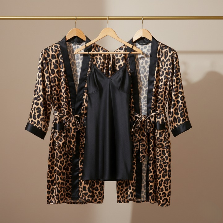 Couple Leopard Print & Black Satin Sleepwear Set – 4 Pcs Robe & Nightdress Set (DC-1021)
