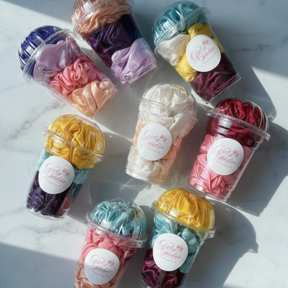4Pc Colorful Satin Scrunchie Set In Clear Dome Lid Cups With Girly Goodies Label (Random Colour)