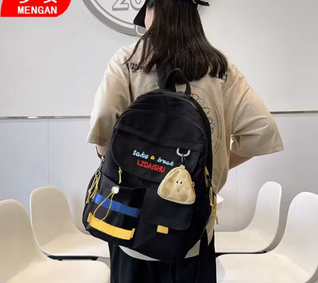 Stylish Black Backpack with Blue & Yellow Stripes + Cute Mouse-Shaped Coin Purse | Lightweight, Durable, School & Travel Bag