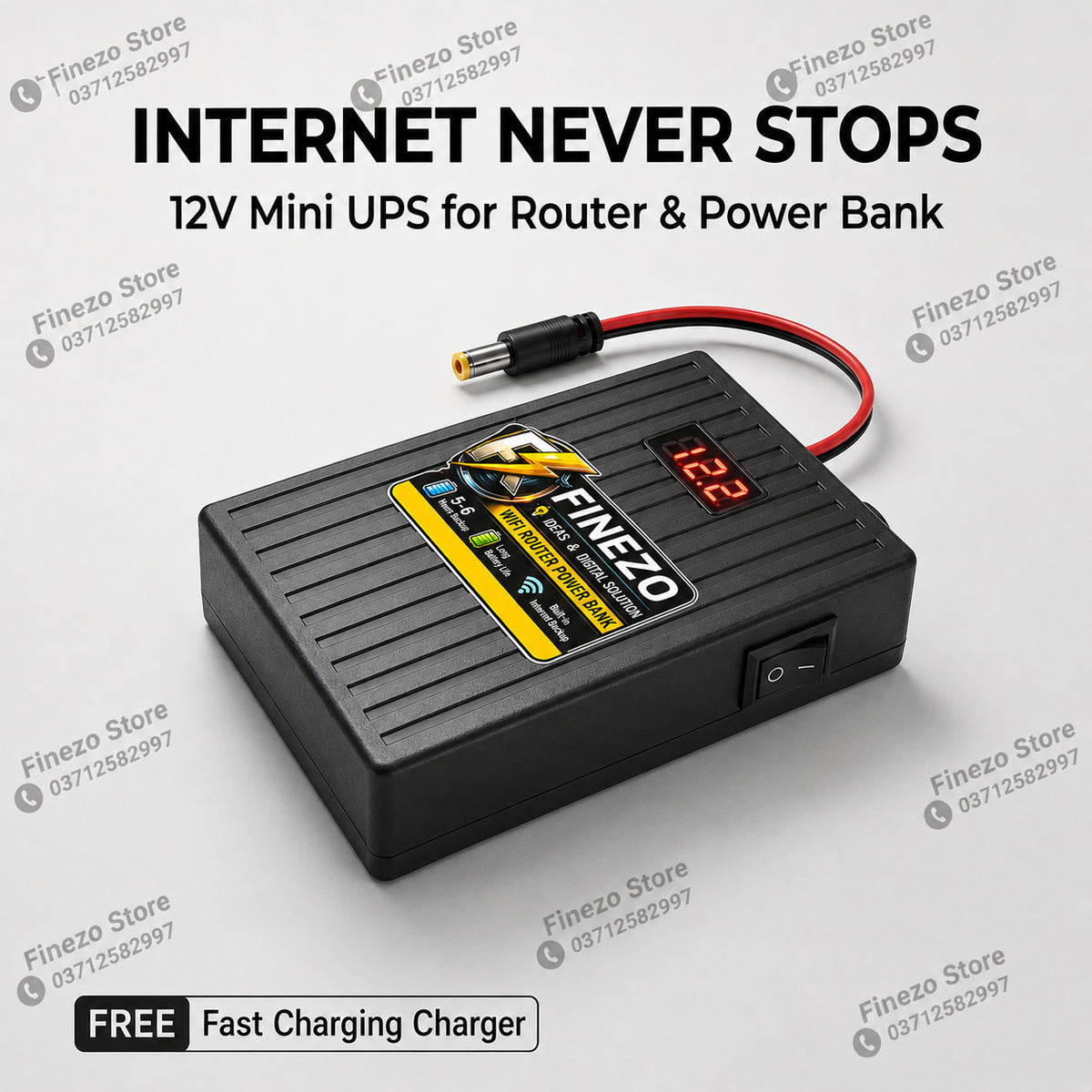 Finezo WiFi Router Power Bank 12V – Router UPS with LED Digital Voltage Display, 5-6 Hours Backup, Portable WiFi Power Backup