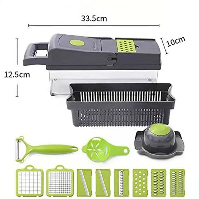 16-In-1 Multifunctional Vegetable Chopper & Slicer with Colander Basket and Storage Container – Heavy Duty Manual Food Cutter & Dicer
