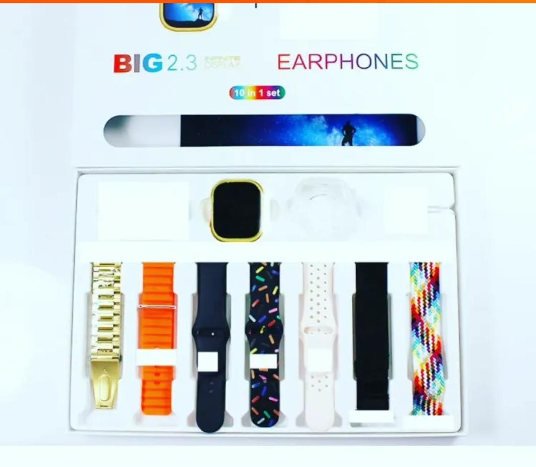 I20 Ultra Max Suit Smartwatch 10-in-1 Box – 2.3-Inch Large Display with 7 Mixed Color Straps and AirPods 2 – Complete Smart Combo Set for Men and Women (Random Color)