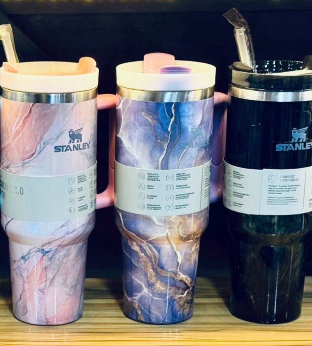 1200ml Stainless Steel Stanley Tumbler Glossy Marble Shades | Premium Vacuum Insulated Travel Mug | Leakproof Cup For Hot And Cold Drinks (Random Color)