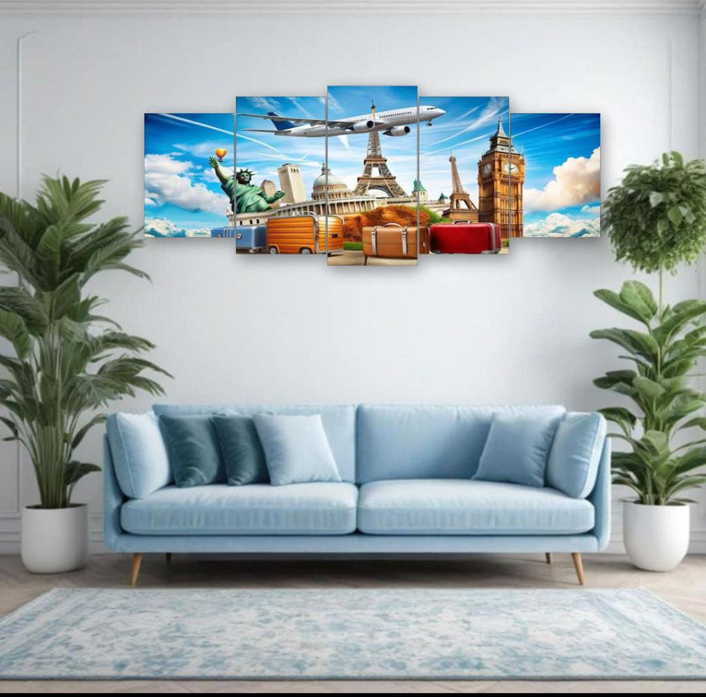 World Travel Landmarks Wall Art – 5-Piece Canvas Set (16x40 inches) | Wooden Sticky Tile Frames with Double Tape
