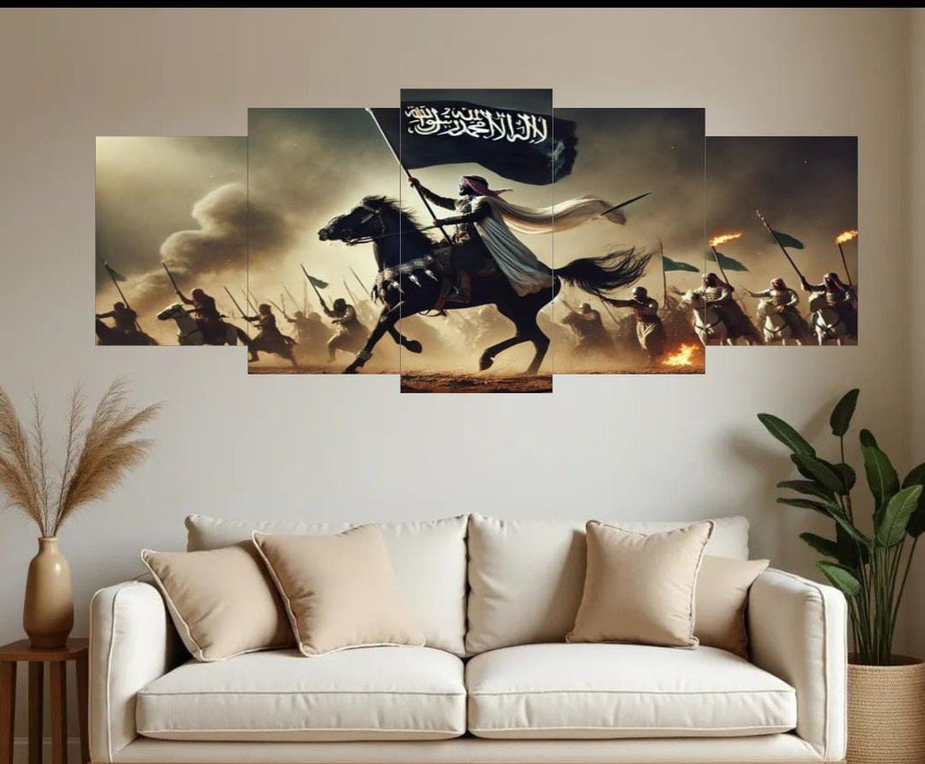 Islamic Warrior Canvas Wall Art – Set of 5 Panels (16x40 inches) | Wooden Sticky Tile Frames with Double Tape