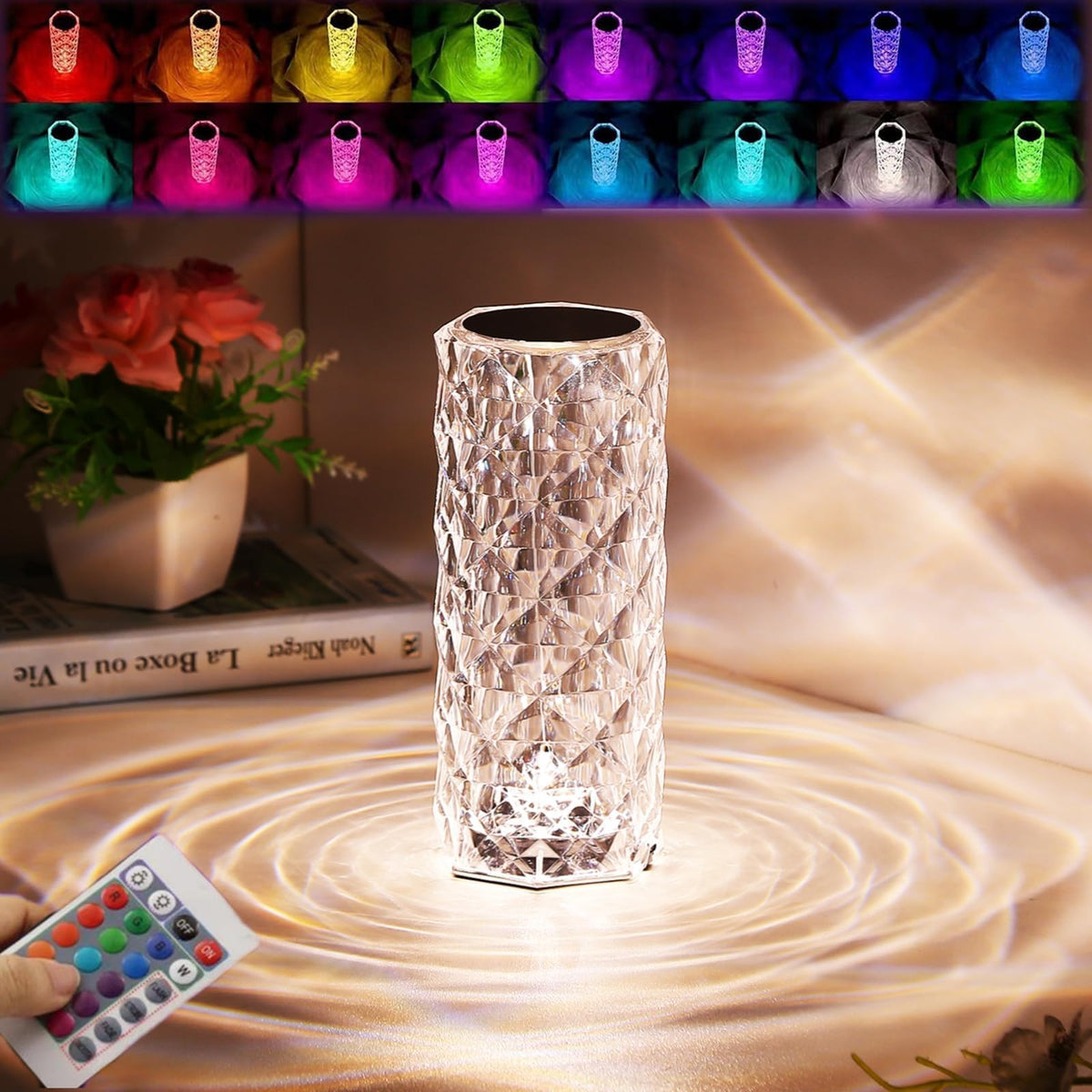 Crystal Rose Diamond Lamp – 16 Colors Changing LED Touch Lamp with Remote & USB Charging