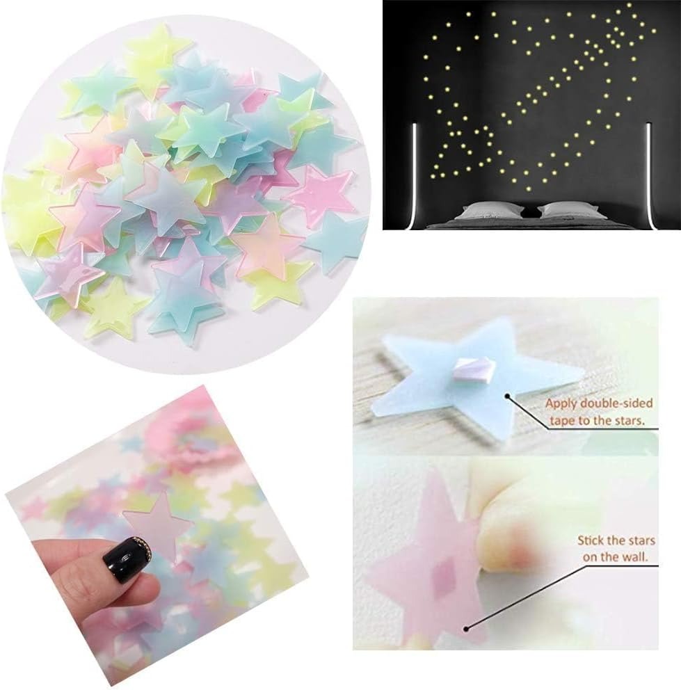 Pack Of 100 3D Glowing Stars For Ceiling And Wall Decoration Luminous Night Sky Stickers For Kids Rooms Bedrooms And Nurseries Glow In The Dark Wall Decals Wit